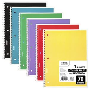 Mead Spiral Notebooks, 6 Pack, 1-Subject, College Ruled Paper, 10-1/2″ x 8â€, 70 Sheets per Notebook, Assorted Colors (73065)