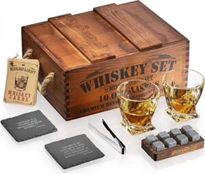 Mixology Whiskey Gift Set, Whiskey Glass Set with Rustic Wooden Crate, 8 Granite Whiskey Rocks Chilling Stones, 10oz Whiskey Glasses, Gift for Men, Dad, Husband, Boyfriend – Jameson Brown