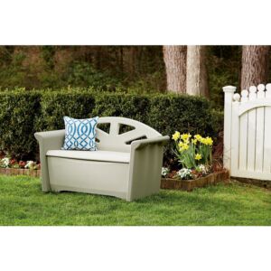 Rubbermaid Resin Weather Resistant Outdoor Garden Storage Deck Box Bench, Olive and Sandstone