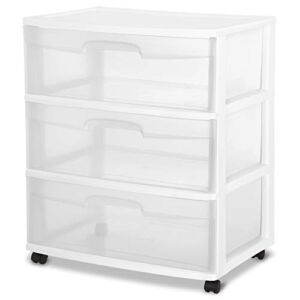 Sterilite 29308001 Wide 3 Drawer Cart, White Frame with Clear Drawers and Black Casters, 1-Pack