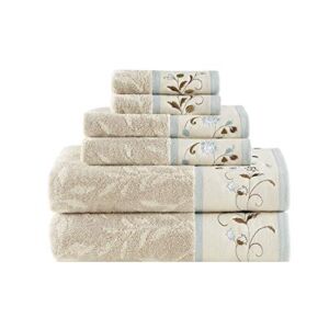 Madison Park Serene 100% Cotton Bath Towel Set Luxurious Floral Embroidered Cotton Jacquard Design, Soft and Highly Absorbent for Shower, Multi-Sizes, Blue