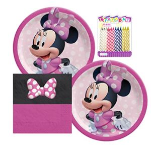 Disney Minnie Mouse Party Supplies Pack | Minnie Mouse Birthday Party Supplies Plates and Napkins with Birthday Candles (Bundle for 16)