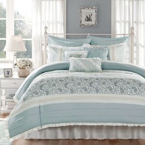 Madison Park Dawn 100% Cotton Shabby Chic Comforter Set-Modern Cottage Design All Season Down Alternative Bedding, Matching Shams, Bedskirt, Decorative Pillows, Queen(90″x90″), Blue 9 Piece