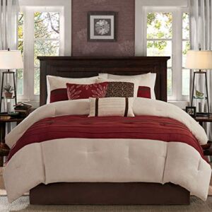 Madison Park Palmer Comforter Set-Luxury Faux Suede Design, Striped Accent, All Season Down Alternative Bedding, Matching Shams, Decorative Pillow, Bed Skirt, King (104 in x 92 in), Red 7 Piece
