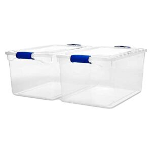 HOMZ Heavy Duty Modular Stackable Storage Tote Containers with Latching Lids, 66 Quart Capacity, Clear, 2 Pack