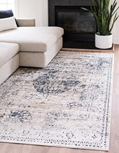 Unique Loom Chateau Collection High-Low Pile, Vintage, Traditional, Distressed, Medallion Area Rug (5′ 0 x 8′ 0 Rectangular, Beige/Navy Blue)