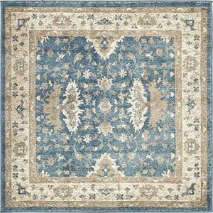 Unique Loom Salzburg Collection Classic Traditional Medallion Design Oriental Inspired Area Rug, 4′ 0″ x 4′ 0″, Blue/Beige
