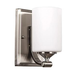 Hampton Bay 1-Light Brushed Nickel Wall Sconce with Frosted Opal Glass Shade. Model # 17678
