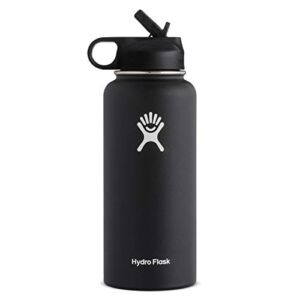 Hydro Flask Vacuum Insulated Stainless Steel Water Bottle Wide Mouth with Straw Lid (Black, 32-Ounce)
