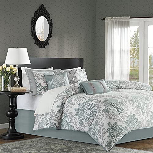 Madison Park Bella Cozy Comforter Set – Casual Damask Design, All Season Cozy Bedding, Matching Bedskirt, Shams, Decorative Pillows, Queen(90 in x 90 in), Aqua 7 Piece | The Storepaperoomates Retail Market - Fast Affordable Shopping