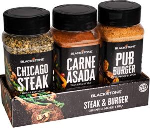 Blackstone 4128 Griddle More Trio Steak & Burger Seasoning Mix for Meat, Hamburgers, Chicken, Poultry, Beef, Pork Rub – All Purpose BBQ Grilling Spices Gift Set, Black, Each 8.7 oz Bottle