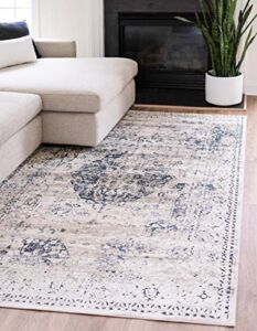 Unique Loom Chateau Collection Distressed Vintage Traditional Textured Dark Blue Area Rug (8′ 0 x 10′ 0), beige/navy blue