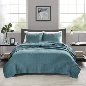 Madison Park Keaton Quilt Set-Casual Channel Stitching Design All Season, Lightweight Coverlet Bedspread Bedding, Shams, Full/Queen(90″x90″), Stripe Teal