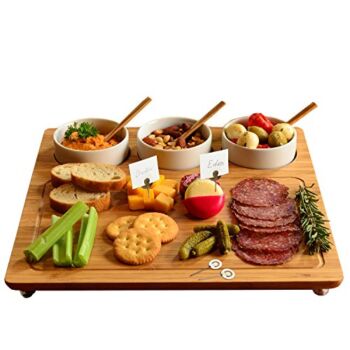 Picnic at Ascot Bamboo Cheese Board/Charcuterie Platter – Includes 3 Ceramic Bowls with Bamboo Spoons & Cheese Markers -13″x 13″- Designed and Quality Checked in the USA | The Storepaperoomates Retail Market - Fast Affordable Shopping