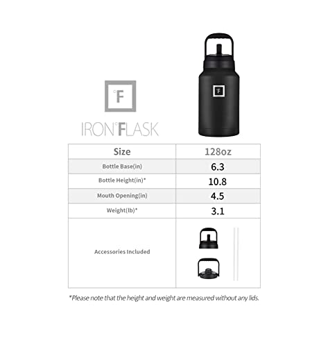 IRON °FLASK Sports Water Bottle – 128 Oz/One Gallon, 2 Lids, Straw and Spout, Leak Proof, Vacuum Insulated Stainless Steel, Hot Cold, Double Walled, Simple Thermo Mug, Metal Canteen Jug Growler | The Storepaperoomates Retail Market - Fast Affordable Shopping