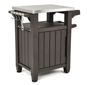 Keter Unity Portable 40 Gal Outdoor Table and Storage Cabinet w/ Accessory Hooks, Stainless Steel Top for Patio Kitchen Island or Bar Cart, Dark Brown