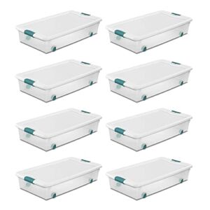 Sterilite 56 Quart Latching Stackable Under Bed or Closet Storage Box Container Bins with Secure Lid and Wheels, Clear (8 Pack)