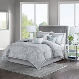 Madison Park Emory Cozy Cotton Comforter Set, Modern Marble Design All Season Down Alternative Casual Bedding with Matching Shams, Decorative Pillows, Queen(90″x90″), Grey 7 Piece