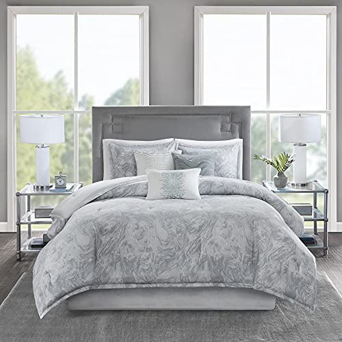 Madison Park Emory Cozy Cotton Comforter Set, Modern Marble Design All Season Down Alternative Casual Bedding with Matching Shams, Decorative Pillows, Queen(90″x90″), Grey 7 Piece | The Storepaperoomates Retail Market - Fast Affordable Shopping