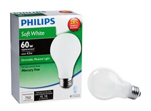 PHILIPS Halogen Dimmable A19 Light Bulb: 790-Lumen, 2920-Kelvin, 43-Watt (60-Watt-Equivalent), Medium Screw Base, Soft White, 4-Pack