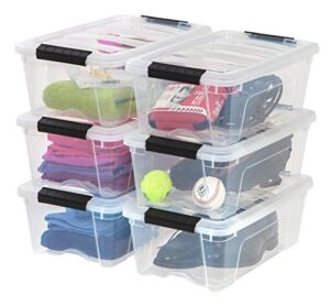 IRIS USA 12 Qt. Plastic Storage Bin Tote Organizing Container with Durable Lid and Secure Latching Buckles, Stackable and Nestable, 6 Pack, clear with Black Buckle