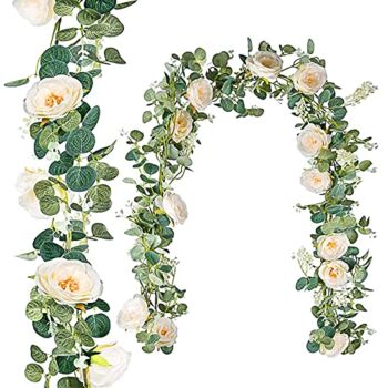 Miracliy 2 Pack 13FT Artificial Eucalyptus Garland with Champagne Roses Flower Vine Eucalyptus Greenery Garland for Weddings and Parties | The Storepaperoomates Retail Market - Fast Affordable Shopping