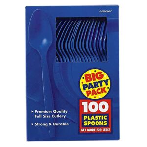 Amscan Big Party Pack Bright Royal Blue Pack of 100 Plastic Spoons, One Size