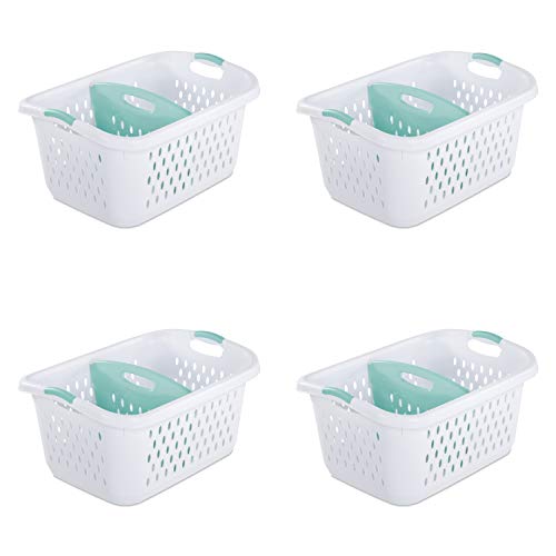 Sterilite 12138004 Laundry Basket 2.2 Bushel White Aqua Chrome Handles/Divider (Pack of 4) | The Storepaperoomates Retail Market - Fast Affordable Shopping