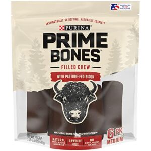 Purina Prime Bones Dog Bone, Made in USA Facilities, Natural Medium Dog Treats, Filled Chew With Pasture-Fed Bison – 6 ct. Pouch