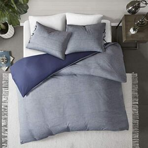 Madison Park Raven 3 Piece Cotton Yarn Dye Duvet Cover Bedding Set, Full/Queen Size, Denim Blue