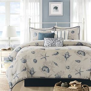 Madison Park 100% Cotton Comforter Set – Coastal Coral, Starfish Design All Season Down Alternative Cozy Bedding with Matching Shams, Decorative Pillow, King(104″x92″), Taupe 7 Piece