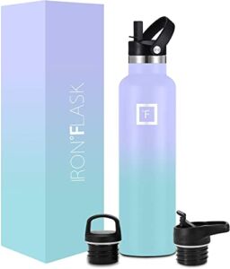 IRON °FLASK Sports Water Bottle – 24 Oz, 3 Lids (Straw Lid), Leak Proof, Vacuum Insulated Stainless Steel, Hot Cold, Double Walled, Thermo Mug, Standard Metal Canteen