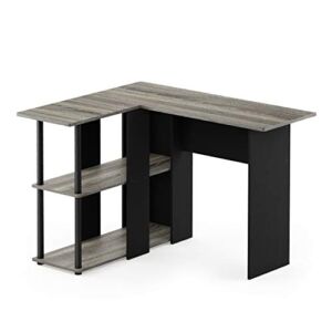 Furinno Abbott L-Shape Desk with Bookshelf, French Oak Grey/Black