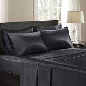 Madison Park – SHET20-173 Satin Wrinkle-Free Luxurious and Silky with 16″ Deep Pocket 6 Piece Durable Sheet Set, Queen, Black