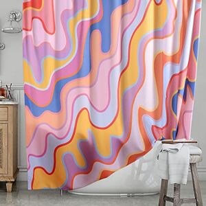 YoKii Vintage Abstract Art Fabric Shower Curtain Pastel Rainbow Colorful Groovy Waves Stripes Geometric Bathroom Shower Curtains Set Aesthetic Retro Minimal Bathroom Decorations (72×72, Colorful)