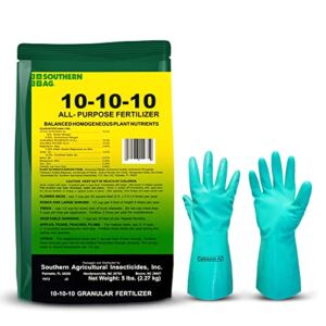 Southern Ag Fertilizer 10-10-10 – All-purpose Granular Fertilizer – organic fertilizer – Fertilizer for vegetable garden & Flowerbed Roses & Large Shrubs and Fruit Trees- Available with Premium Quality Centaurus AZ Gloves-5LB