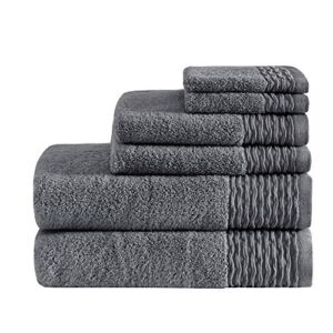 Madison Park Breeze 6 Piece Jacquard Wavy Border Zero Twist Cotton Towel Set, Charcoal