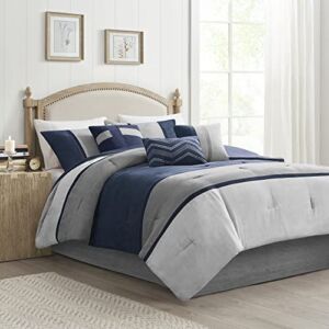 Madison Park Palisades Comforter Set Modern Faux Suede Pieced Stripe Design, All Season Down Alternative Cozy Bedding with Matching Shams, Decorative Pillows, Cal King(104″x92″), Blue 7 Piece