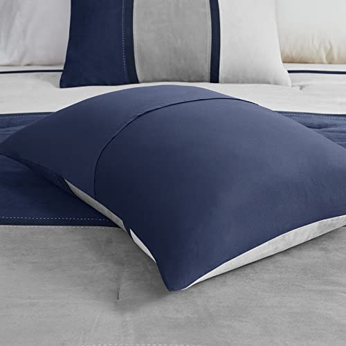 Madison Park Palisades Comforter Set Modern Faux Suede Pieced Stripe Design, All Season Down Alternative Cozy Bedding with Matching Shams, Decorative Pillows, Cal King(104″x92″), Blue 7 Piece | The Storepaperoomates Retail Market - Fast Affordable Shopping