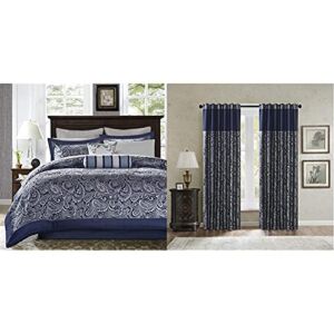 Madison Park Aubrey King Size Bed Comforter Set Bed in A Bag – 12 Pieces Bedding Sets & Aubrey Faux Silk Paisley Jacquard, Rod Pocket Curtain with Privacy Lining, 50″ x 84″, Navy