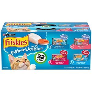 Purina Friskies Wet Cat Food Variety Pack, Fish-A-Licious Shreds, Prime Filets & Tasty Treasures – (32) 5.5 oz. Cans