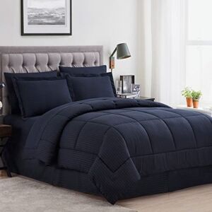 Sweet Home Collection 8 Piece Bed In A Bag with Dobby Stripe Comforter, Sheet Set, Bed Skirt, and Sham Set – Queen – Navy