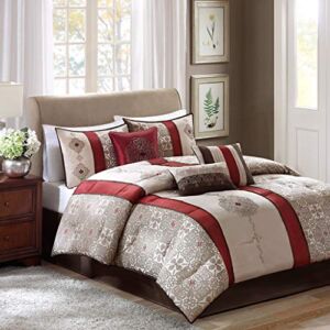 Madison Park Comforter Faux Silk-Traditional Luxurious Jacquard Design All Season Set, Matching Bed Skirt, Decorative Pillows, Cal King(104″x92″), Red 7 Piece