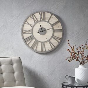Madison Park Mason Farmhouse Wall Clock 23.6 Inch for Living Room, Wood/Metal Décor Office Decoration, Quartz Battery Operated Easy to Read Roman Numeral, 23.6″ Diameter, Natural/Grey