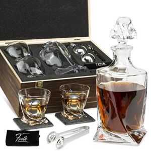 Whiskey Decanter and Stones Gift Set for Men – Whiskey Decanter, 2 Twisted Whiskey Glasses, 2 XL Stainless Steel Whisky Balls, 2 Slate Coasters, Special Tongs & Freezer Pouch in Pinewood Gift Box
