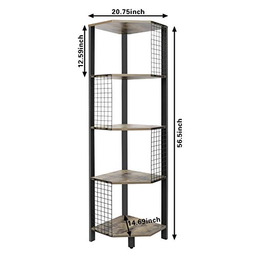 X-cosrack 5 Tier Corner Shelf with Grid Plate, Industrial Corner Storage Display Rack Small Bookcase Plant Stand for Bedroom, Living Room, Bathroom, Kitchen, Home Office, 56.5 Inch Tall, Rustic Brown | The Storepaperoomates Retail Market - Fast Affordable Shopping