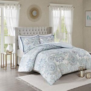 Madison Park Isla Reversible Cotton Duvet – Casual Medallion Floral to Damask Print Reverse, All Season Comforter Cover Bedding Set with Matching Shams, Blue King/Cal King(104″x92″) 3 Piece