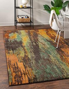 Unique Loom Jardin Collection Colorful, Vibrant, Abstract Watercolor Area Rug, Rectangular 5′ 1″ x 8′ 0″, Multi/Beige