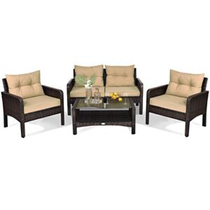 Happygrill 4-Piece Patio Furniture Set Outdoor Rattan Wicker Sofa Set with Cushions & Coffee Table, Conversation Sofa Set with Tempered Glass Table Top and Storage Shelf
