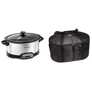Hamilton Beach 7-Quart Programmable Slow Cooker With Flexible Easy Programming, Dishwasher-Safe Crock & Lid, Silver (33473) & Travel Case & Carrier Insulated Bag (33002),Black